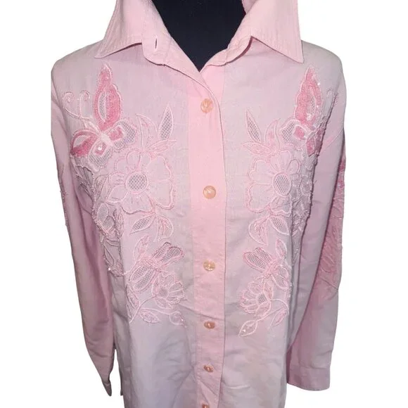 VTG Western Quacker Factory Pink Cut Out Sequin Shirt Butterfly Coastal Cowgirl - Picture 2 of 10